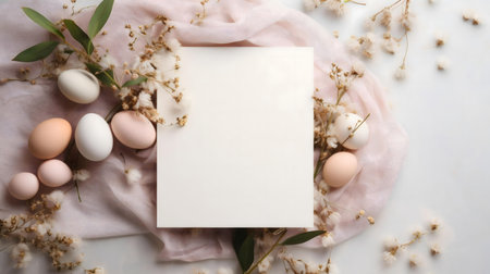 Flatlay Easter composition with eggs, flowers and a blank cardの写真素材