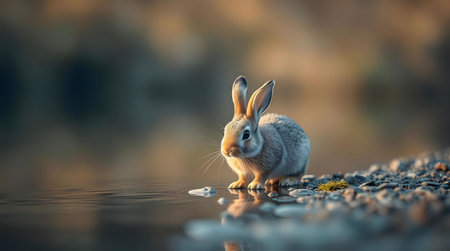 A charming young rabbit pauses by the water's edge during the golden hour, its reflection gently...