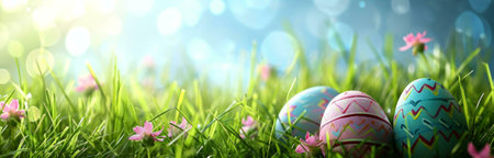 Colorful Easter eggs nestled in vibrant green grass and delicate pink flowers. A cheerful springtime...