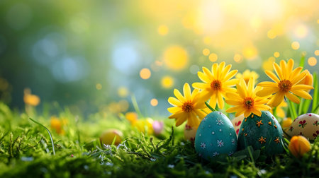 Easter eggs nestled amongst blooming yellow daisies in a sunny spring meadow.