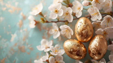 Three gilded Easter eggs rest amidst a bed of vibrant white spring blossoms, creating a festive and...