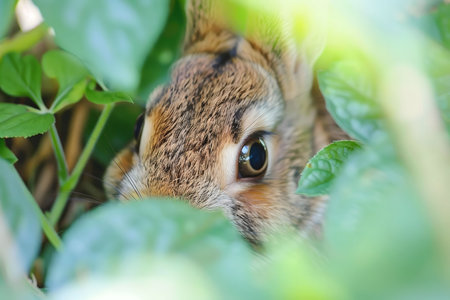 A close-up of a curious rabbit partially hidden amongst lush green leaves. The rabbit's eye is the main focus.の写真素材