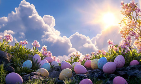 A picturesque scene of colorful Easter eggs amidst blooming flowers under a vibrant spring sky.