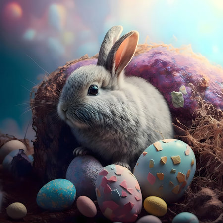 A charming gray bunny rests in a nest with pastel Easter eggs. A delightful spring scene.の写真素材