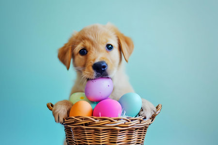 A cute golden retriever puppy playfully interacts with a basket of pastel Easter eggs. A heartwarming spring scene!の写真素材