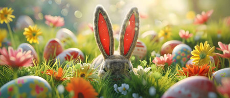 A charming Easter bunny hides in a field of colorful eggs and flowers, symbolizing spring's arrival...