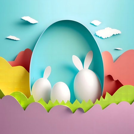Adorable papercut Easter bunnies nestled in a vibrant landscape. A festive spring scene.の写真素材