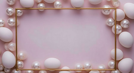 Pink background with white eggs and pearls arranged around a gold frame. Perfect for Easter or spring celebration.の写真素材