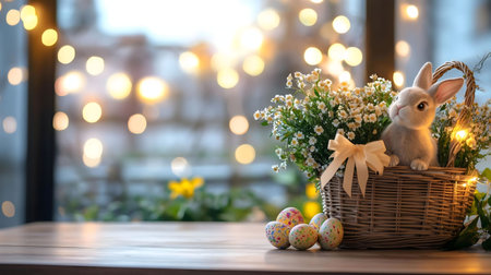 A cute bunny sits in a wicker basket filled with spring flowers, surrounded by colorful Easter eggs....