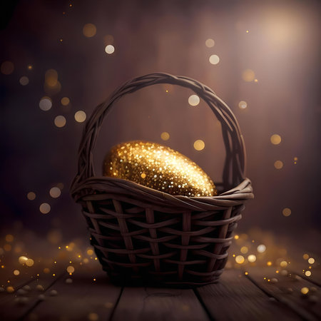 A golden glitter egg sits in a rustic brown wicker basket. The background is blurred with bokeh lights, creating a magical, festive atmosphere.の写真素材