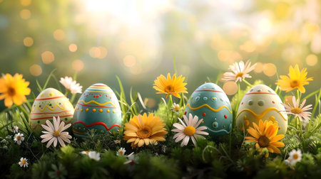 Painted Easter eggs nestled in a spring meadow, surrounded by cheerful daisies and yellow flowers. A scene of springtime joy and celebration.の写真素材