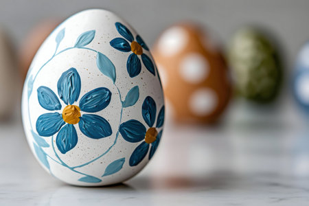 A single, beautifully hand-painted Easter egg with blue flowers and leaf accents in focus.の写真素材