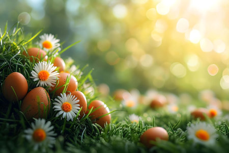 Brown Easter eggs nestled among daisies in a sunlit meadow.の写真素材