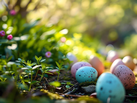 Pastel-colored Easter eggs nestled amongst vibrant spring flowers and greenery. A delightful scene...