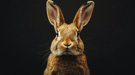 Close-up portrait of a beautiful brown rabbit against a dark background.の写真素材