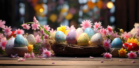 Pastel Easter eggs in a rustic nest, surrounded by pink and yellow flowers. A perfect spring holiday image.の写真素材