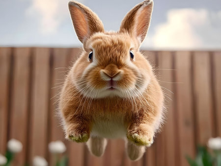 A captivating image of a fluffy bunny mid-air leap, against a wooden fence background. The bunny's cuteness is undeniable.の写真素材