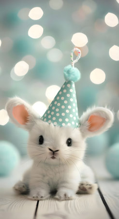 A fluffy white bunny wearing a teal polka dot party hat. Perfect for a birthday or festive occasion.の写真素材