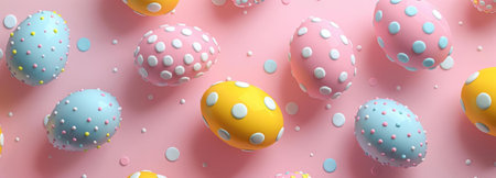 Colorful pastel eggs with white polka dots on a pink background. Perfect for Easter!の写真素材
