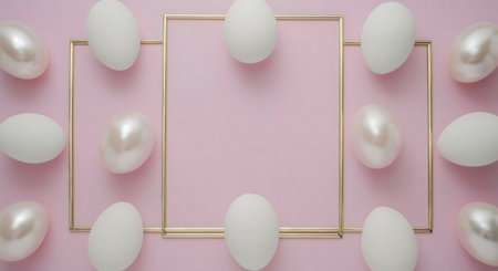 Pink background with white eggs, pearls and gold frames. Elegant Easter design.の写真素材