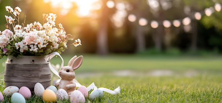 A charming Easter scene with a bunny, colorful eggs, and a bouquet of spring flowers in a rustic pot.の写真素材