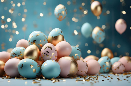 A delightful collection of pastel Easter eggs adorned with golden confetti. A perfect image for spring celebrations.の写真素材