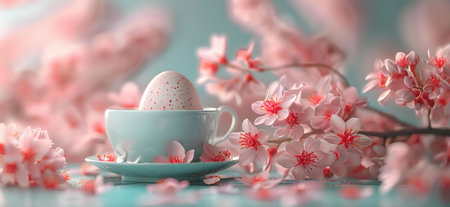 A pastel pink Easter egg sits in a teal teacup surrounded by delicate pink cherry blossoms....