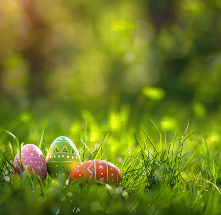 Three vibrant Easter eggs nestled in a lush spring meadow, bathed in sunlight. A symbol of new...
