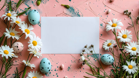 A beautiful Easter card mockup featuring daisies and pastel-colored decorated eggs. Perfect for spring greetings.の写真素材