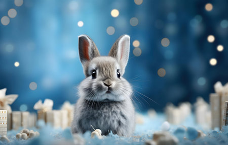 A charming gray bunny surrounded by winter presents, captured in a festive studio setting.