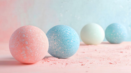 Three pastel bath bombs in pink, blue and white. Relaxing spa theme.の写真素材