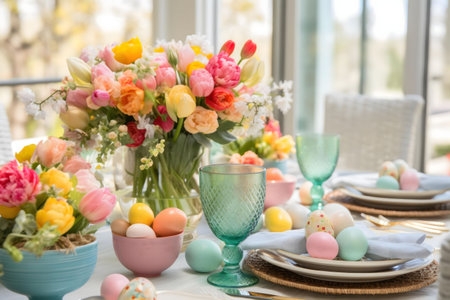 A pastel Easter table setting with tulips, decorated eggs, and elegant tableware. A joyful spring...