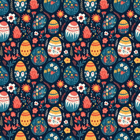 A charming Easter pattern featuring colorful eggs adorned with floral designs. Perfect for spring celebrations.の写真素材