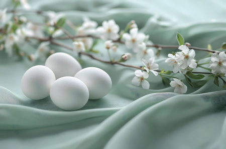 White eggs nestled amongst delicate white blossoms on a soft mint green silk fabric. A springtime still life image.の写真素材