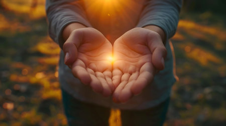 Open hands reaching for the warm golden light of the setting sun, symbolizing hope and serenity.