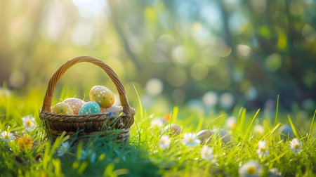 A wicker basket filled with pastel Easter eggs sits in a vibrant spring meadow, creating a joyful...