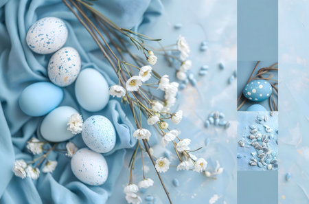 A serene image of pastel blue Easter eggs adorned with white flowers, creating a peaceful and festive atmosphere.の写真素材