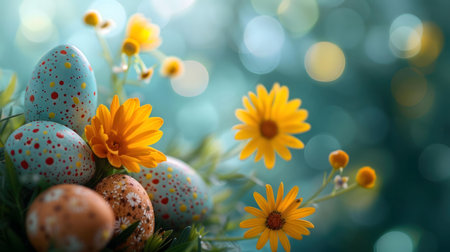 Close-up view of colorful Easter eggs surrounded by blooming yellow flowers. A serene springtime...