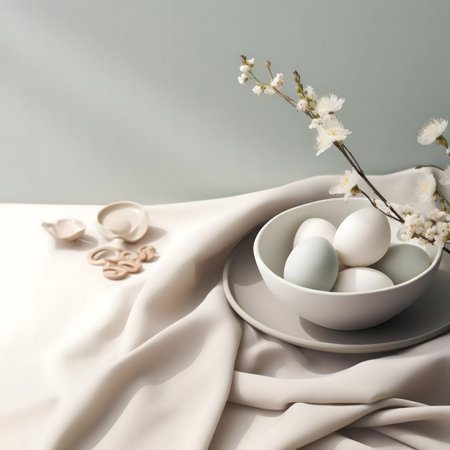 A minimalist Easter scene featuring pastel-colored eggs in a bowl, adorned with delicate spring blossoms, set against a soft beige fabric.の写真素材