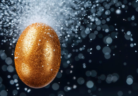 A golden egg, glistening with sparkle, is captured mid-splash, set against a dark background with bokeh effects. It conveys a luxurious and festive mood.の写真素材