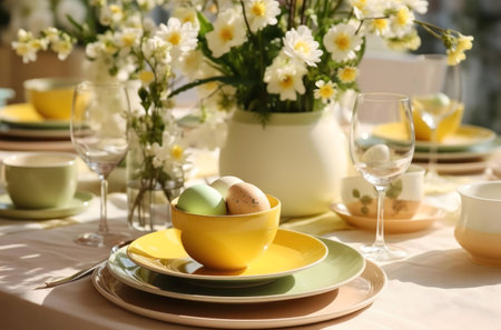 A beautifully set Easter brunch table with pastel colors, spring flowers, and delicious-looking...