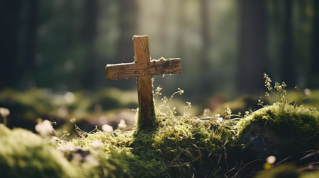 A rustic wooden cross rests amidst lush green moss in a sun-dappled forest. A scene of tranquility and reflection.の写真素材