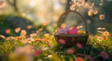 A charming wicker basket brimming with colorful Easter eggs sits nestled amongst blossoming flowers...