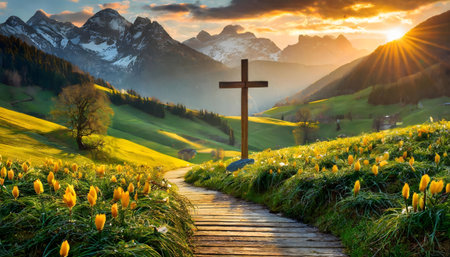 A wooden cross stands on a path leading through a sunlit mountain meadow, blooming with yellow flowers. Sunrise paints the scene with golden light.の写真素材