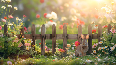 A cute bunny sits by a wooden fence in a vibrant spring garden filled with colorful flowers....
