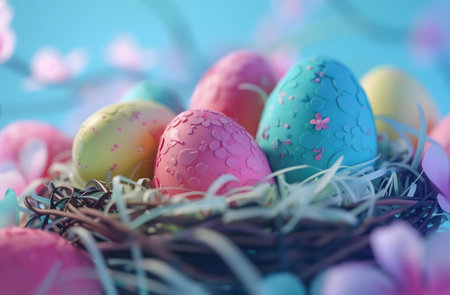 Colorful pastel Easter eggs nestled in a bird's nest, symbolizing springtime and new beginnings.の写真素材