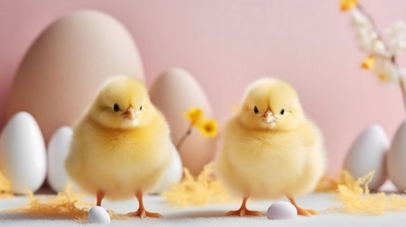 Two fluffy yellow chicks surrounded by pastel eggs, spring flowers, and a soft pink backdrop. A...