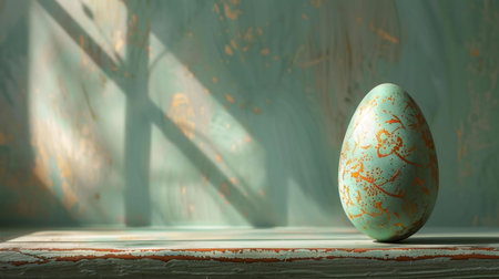 A single, beautifully decorated Easter egg rests on a rustic wooden surface, illuminated by soft sunlight.の写真素材