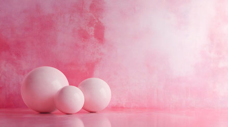 Three pastel pink spheres rest on a soft pink background. The image evokes calmness and tranquility.の写真素材