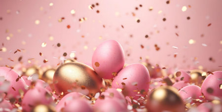 Pink and gold eggs surrounded by confetti. Festive Easter celebration.の写真素材